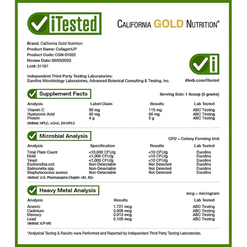  California Gold Nutrition Collagen UP 해양성 가수분해 히알루론산 비타민C 플레인 464g 