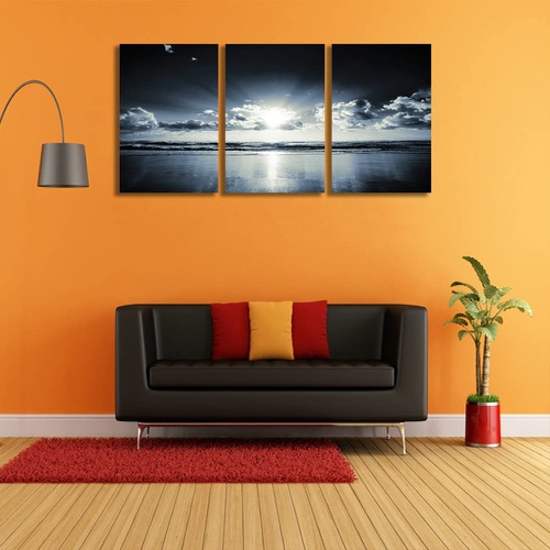  Crma OArt- 아트 패널 검은 흰색 남색 바다의 석양 벽걸이 풍경 사진 30*40cm 3pcs