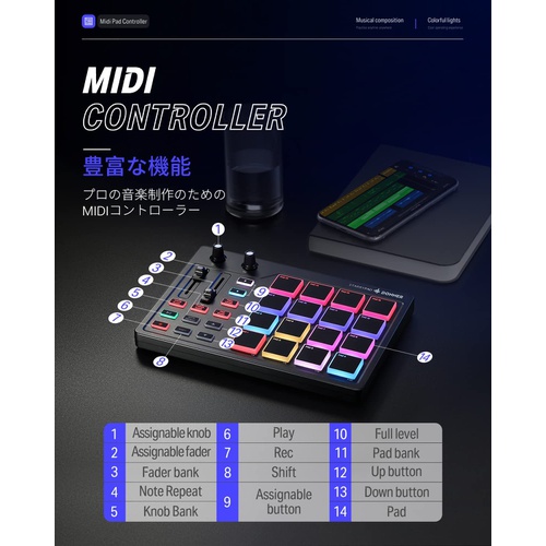  Donner MIDI 컨트롤러 16패드 USB Type-c 음악 제작 백라이트 포함