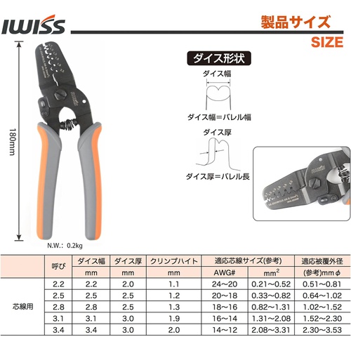  IWISS 정밀압착펜치 오픈배럴단자용 0.08/0.5mm2 극소단자용 IWS-2820M
