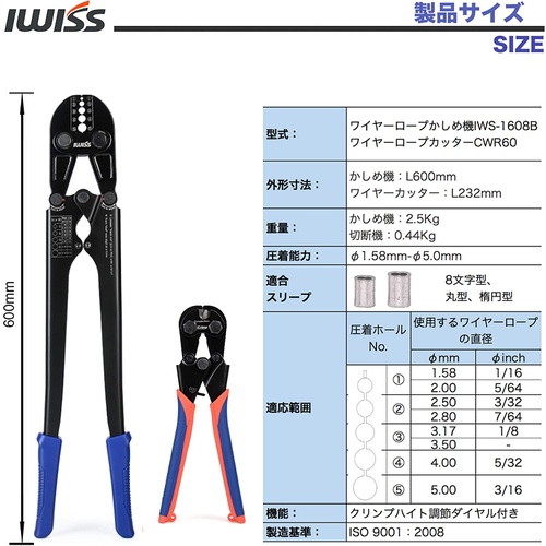  IWISS 와이어 로프 커터 압착 절단φ1.58 / φ5.0mm 압착 IWS 1608B / CWR60