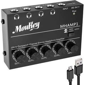 Moukey 헤드폰 테레오 오디오 앰프 4채널 스테레오 믹서기 usb DC 5V 초저소음 서브믹싱용