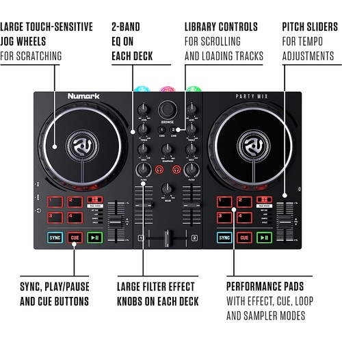  Numark DJ 컨트롤러 LED 라이트 탑재 초보자용 Party Mix II
