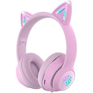Haoyujp 헤드셋 블루투스 이어폰 고양이 귀 LED 라이트 여성용 무선 스포츠 스테레오 