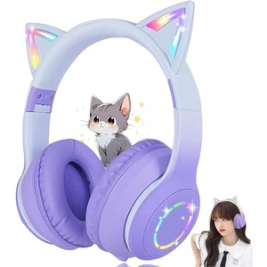 HYEIOL 고양이 귀 헤드폰 유선 무선 양용 LED 포함