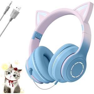 LYTDMSKY 고양이 귀 헤드폰 유무선 겸용 게이밍 LED 포함 마이크 탈부착 가능 3.5mm