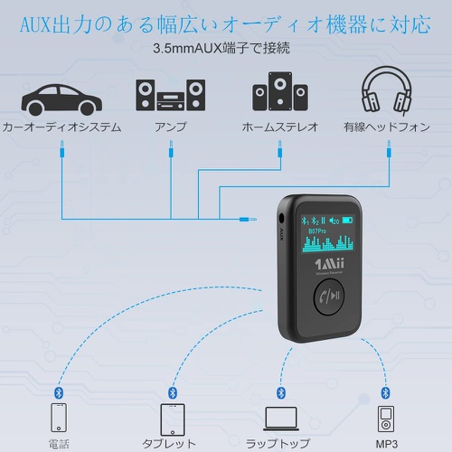  1Mii AUX 블루투스 리시버 차량 3.5mm 이어폰잭 오디오수신기 카오디오 음악 차량탑재용