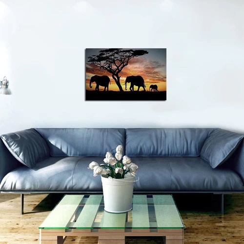  ART 코끼리 가족 자연풍경 석양 포스터 회화 인테리어 그림 60*40cm
