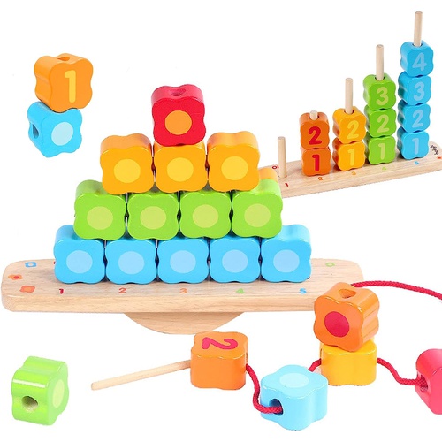  CORPER TOYS 목제 퍼즐 4IN1 끈과 끈 통과 장난감 숫자 퍼즐 영어 쌓기 밸런스 게임