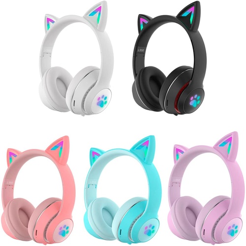  Haoyujp 헤드셋 블루투스 이어폰 고양이 귀 LED 라이트 여성용 무선 스포츠 스테레오 