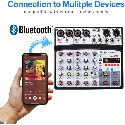  BOMGE 6채널 dj 오디오 믹서 MP3 USB Bluetooth 48V 팬텀 5V 전원 16 DSP 에코 이펙트 믹서