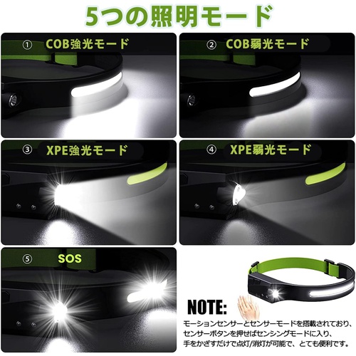  Yuchenxing 센서 기능 5종 점등 모드 LED 헤드라이트 충전식 230° 광각 밤낚시 러닝 자전거용 