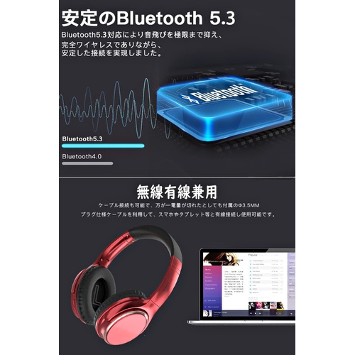  Hsquarepho 무선 Bluetooth 5.3 오버이어 헤드폰 쾌적한 착용감 밀폐형 소리 누출 방지